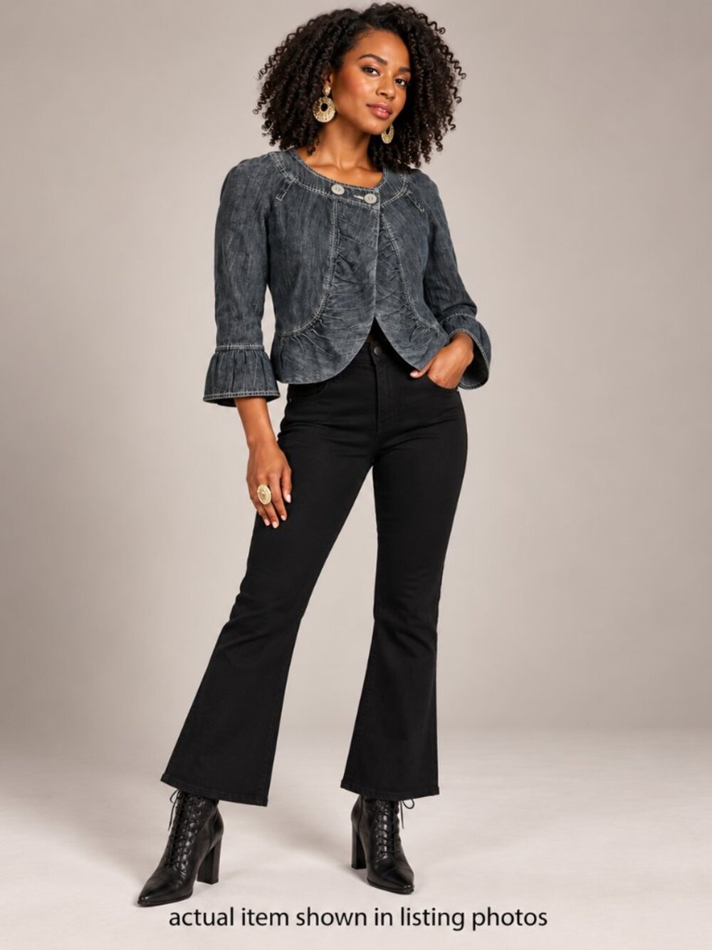 Denim Cropped Ruffle Jacket - Picture 2 of 6